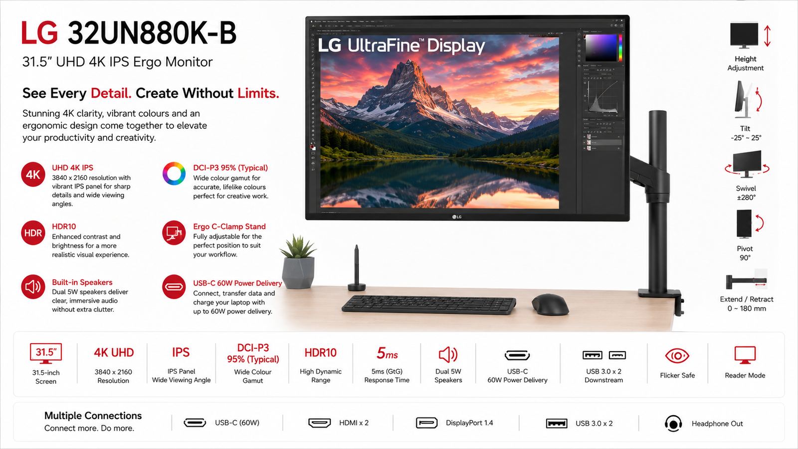 LG 32UN880K-B, LG UltraFine Ergo Monitor, 31.5-Inch UHD 4K IPS Display, 3840x2160 Resolution, 60Hz Refresh Rate, Dual 5W Speakers, C-Clamp Ergonomic Stand | 32UN880K-B